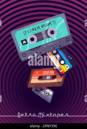 Affiche de dessin animé rétro mixtapes avec bandes de mixage audio tombant dans le trou profond avec le motif hypnotique. Publicités pour cassettes, supports ou magasins de musique de style vintage, périphériques multimédia analogiques, illustrations vectorielles Illustration de Vecteur