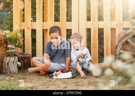 Les enfants cuisent à la campagne. De jeunes amis heureux se reposant avec un gâteau Banque D'Images