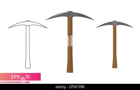 Un ensemble de pics pour les creuseurs d'or avec une poignée en bois. Conception réaliste et linéaire. Sur fond blanc. Outils pour mineurs. Illustration vectorielle plate. Illustration de Vecteur