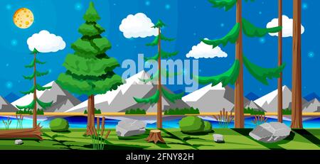 Paysage de nature d'été avec rochers et lac Illustration de Vecteur