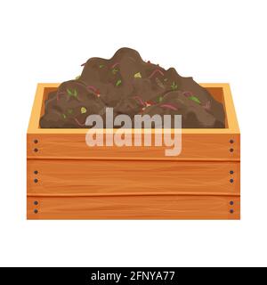 Tas de compost avec des déchets organiques et des vers de terre dans une boîte en bois de style dessin animé isolée sur fond blanc. Processus de recyclage, jardinage. Vecteur illus Illustration de Vecteur