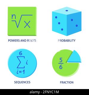 Icônes mathématiques définies dans un style plat. Pouvoirs et racines, séquences, probabilité et fraction. Illustration vectorielle. Illustration de Vecteur