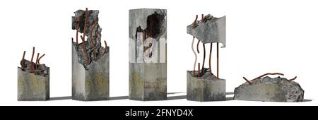 ensemble de piliers en béton endommagés isolés de l'ombre sur le blanc arrière-plan (rendu 3d) Banque D'Images