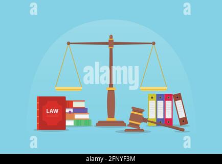 droit et justice juridique concept avec balance et juge de gavel et livres avec illustration moderne de style plat vectoriel Banque D'Images