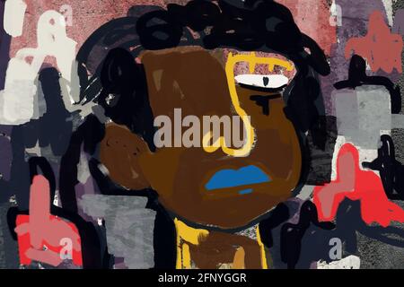 Portrait d'homme ou de femme noir africain avec un grand œil. Peinture avec couleur et collage photo avec texture. Graffiti et art de la rue, Vibe de basquiat. e Banque D'Images