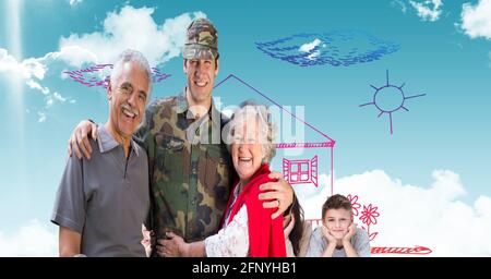 Composition d'un soldat masculin souriant embrassant ses parents avec son fils et a tiré à la maison Banque D'Images