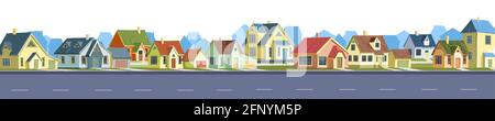 Rue dans un style plat de dessin animé gai. Route asphaltée. Un village ou une petite ville rurale. Petites maisons. Petits cottages suburbains confortables avec toits en pignon Illustration de Vecteur