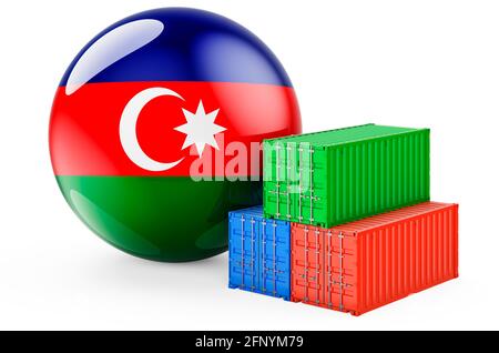 Conteneurs de marchandises avec drapeau azerbaïdjanais. Transport de fret en Azerbaïdjan, rendu 3D isolé sur fond blanc Banque D'Images
