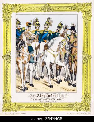 Alexandre II (1818-1881), empereur de Russie (1855-1881), en uniforme militaire, à cheval, dessin, lithographie, 1800-1899 Banque D'Images