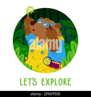 Un adorable botaniste ours en verres, explore de nouvelles plantes. Jardinage grizzli. Animal dans la forêt. Illustration vectorielle pour enfants pour livres pour enfants et pépinière p Illustration de Vecteur