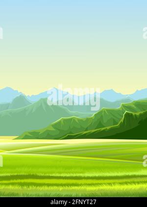 Paysage rural. Collines et prairies. Pâturages et terres agricoles. Belle vue sur la nature. L'horizon est lointain. Terrain de campagne agricole. Illustration. Vecteur Illustration de Vecteur