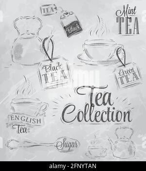 Collection de thé avec une tasse de thé et des sachets de thé, dessin stylisé de style vintage et charbon à bord. Illustration de Vecteur