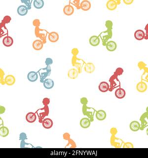 Des enfants adorables qui font du vélo des silhouettes. Motif sans couture. Différents enfants font du vélo. Style de vie sain et coloré Illustration de Vecteur