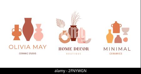 Logo esthétique abstrait de l'art bohème. Arrangements de poteries et de pots de céramique, vases avec feuilles sèches, plantes, fleurs. Illustration de Vecteur