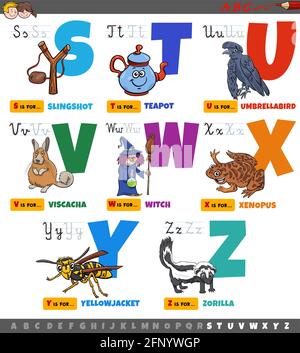 Dessin animé illustration de lettres majuscules alphabet ensemble éducatif pour la lecture Et pratique de l'écriture pour les enfants d'âge élémentaire de S à Z Illustration de Vecteur