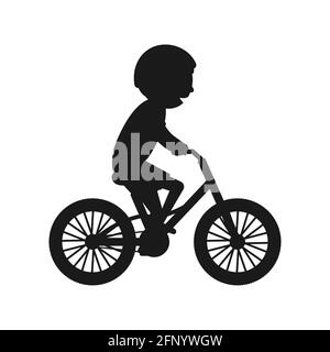 Silhouette de vélo tout-terrain de garçon. Style de vie sain en noir concept. Un petit enfant fait du vélo. Illustration de Vecteur