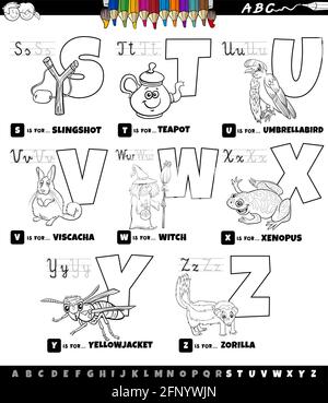 Dessin animé noir et blanc, lettres majuscules, alphabet éducatif set pour la pratique de lecture et d'écriture pour les enfants d'âge élémentaire De S t Illustration de Vecteur