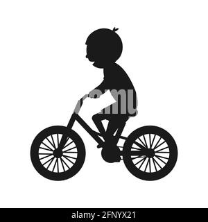 Silhouette de vélo tout-terrain de garçon. Style de vie sain en noir concept. Un petit enfant fait du vélo. Illustration de Vecteur