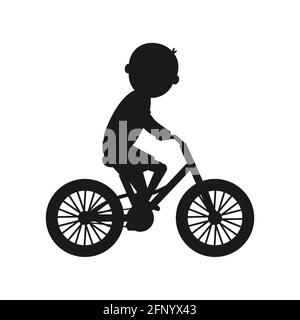 Silhouette de vélo tout-terrain de garçon. Style de vie sain en noir concept. Un petit enfant fait du vélo. Illustration de Vecteur