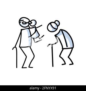 Figurine de grand-parents qui embrasse le petit-enfant. Les personnes âgées embrassent ensemble prennent en charge les croquis vectoriels illustrés. Illustration de Vecteur