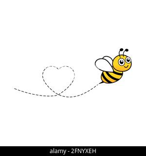 Icône d'abeille dessinée. Chemin des lignes pointillées du cœur. Bon beau personnage d'abeille. Illustration vectorielle isolée sur fond blanc. Illustration de Vecteur