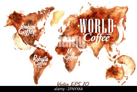 Carte du monde du café tiré pour le café avec l'inscription arabica café, Robusta café avec des éclaboussures et des taches imprime tasse Illustration de Vecteur