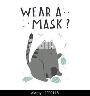Caractère vectoriel dessiné à la main couleur de chat surprise. Citation Je porte un masque de lettres manuscrites.mignon chat méchant tenant un masque médical dans ses pattes Illustration de Vecteur