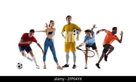 Collage de différents sportifs professionnels, ajustement des gens dans l'action et le mouvement isolé sur fond blanc. Circulaire. Banque D'Images