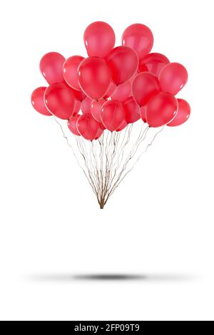 Bouquet de ballons rouges attachés ensemble avec une ficelle flottant au-dessus du sol, isolé sur un fond blanc Banque D'Images