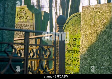 Varsovie, Pologne - 29 décembre 2008 : vue de vieilles pierres tombales avec des scripts hébreux dans l'ancien cimetière juif de Varsovie, Pologne Banque D'Images