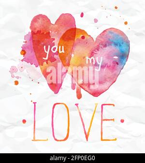 Aquarelle Saint Valentin coeurs vous lettrage mon amour dans la couleur rose, rouge, bleu et orange sur fond clair. Illustration de Vecteur