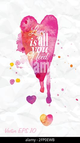 Aquarelle Saint Valentin coeur lettering Love est tout ce dont vous avez besoin en rose et rouge sur fond clair. Illustration de Vecteur