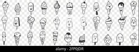 Ensemble de douceurs de formes de glace. Collection de différentes émoticônes de glace dessinées à la main dans des lignes isolées sur fond transparent Illustration de Vecteur