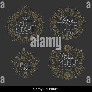 Ensemble de monogrammes d'alcool en dessin de style plat avec de l'or lignes sur fond sombre Illustration de Vecteur
