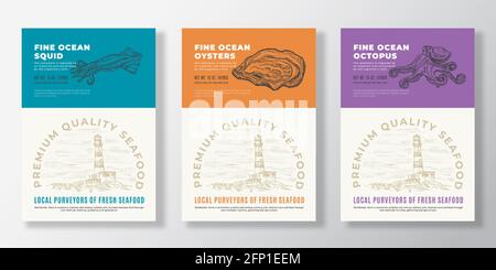Ensemble de modèles d'étiquettes ou de conception d'emballages vectoriels pour fruits de mer. Bannières Ocean and Sea Products. Typographie moderne et calmar, poulpe et huître dessinés à la main Illustration de Vecteur