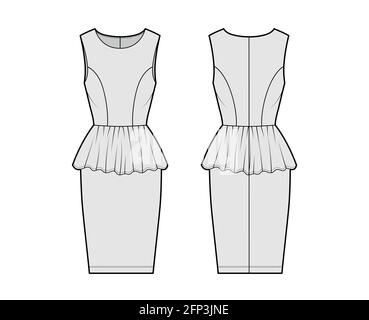 Robe peplum technique mode illustration avec sans manches, corps ajusté, longueur genou gaine jupe, col rond. Vêtements plats à l'avant et à l'arrière, de couleur grise. Femmes, maquette de CAO unisex Illustration de Vecteur