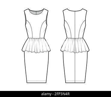 Robe peplum technique mode illustration avec sans manches, corps ajusté, longueur genou gaine jupe, col rond. Vêtements plats à l'avant, à l'arrière, de couleur blanche. Femmes, maquette de CAO unisex Illustration de Vecteur