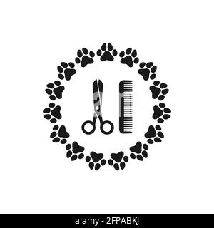 Soins pour animaux. Peigne et ciseaux et chemin de pattes. Coupe de cheveux d'animaux, peignage et toilettage d'animaux. Logo du salon. Illustration de Vecteur