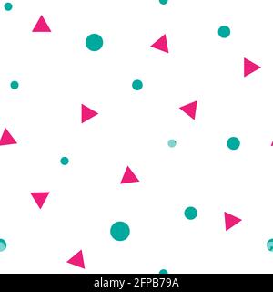 Décoration abstraite avec pois et cercles bleus et triangles roses. Confetti sur fond blanc. Texture géométrique sans couture. Carnaval, fête, celebratio Illustration de Vecteur