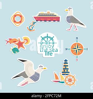 Ensemble d'autocollants vectoriels de style marin mignonne Illustration de Vecteur