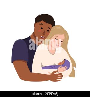 Famille internationale interraciale. Le mari encadre sa femme avec le bébé dans ses bras. La mère et le père multiethniques sont heureux et souriants. La famille Illustration de Vecteur