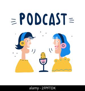 Concept de podcast de radio ou de blog audio. Présentateurs de radio dans des écouteurs en studio illustration vectorielle plate. Illustration de Vecteur