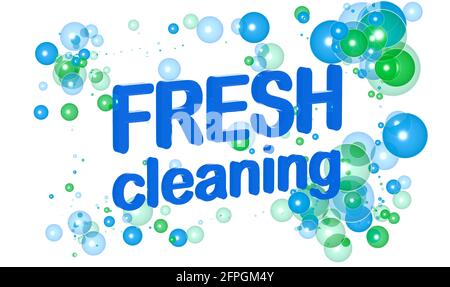 illustration 3d du texte « fresh cleaning » en lettres en relief, à côté des bulles de gaz qui flottent dans l'espace. Bleu et vert sur fond blanc. Banque D'Images