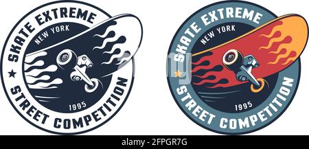 Logo rétro Skate Extreme Round avec planche à roulettes Illustration de Vecteur