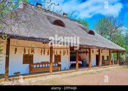 Le bar-restaurant traditionnel (shynok, korchma) avec porche ombragé avec oignon et poivre de séchage, Mamajeva Sloboda Cossack Village, Kiev, Ukraine Banque D'Images