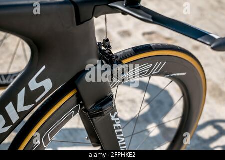 Malaga, Espagne - 25 août 2018. Vélos de rechange de l'équipe cycliste professionnelle, avant le début du premier tour de la Vuelta 2018 dans la ville de Malaga Banque D'Images