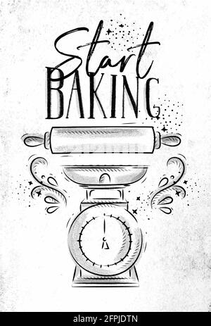 Affiche avec équipement de pâtisserie illustré lettrage commencer à cuire à la main style de dessin sur fond de papier sale. Illustration de Vecteur