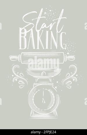 Affiche avec équipement de pâtisserie illustré lettrage commencer à cuire à la main style de dessin sur fond gris. Illustration de Vecteur