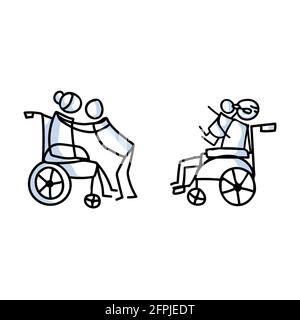 Figurine en bâton tirée de grands-parents qui embrassent le petit-enfant en fauteuil roulant. Les personnes âgées embrassent ensemble prennent en charge les croquis vectoriels illustrés. Illustration de Vecteur