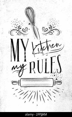 Affiche avec équipement de pâtisserie illustré lettrage de ma cuisine règles dans le style de dessin à la main sur fond de papier sale. Illustration de Vecteur